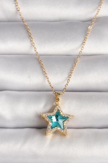 Erb 316L Çelik Gold Renk Zirkon Taşlı Mavi Yıldız Model Kadın Kolye