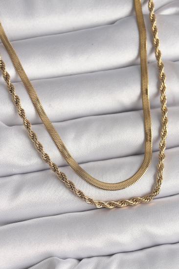 Erb 316L Çelik Gold Renk Çift Zincir İtalyan&Burgu Zincir Model Kadın Kolye