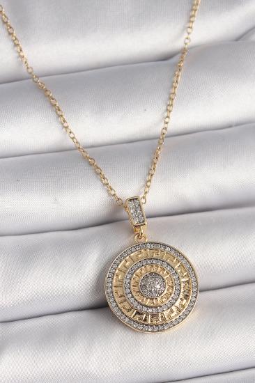 Erb 316L Çelik Gold Renk Zincir Zirkon Taşlı Madalyon Model Labirent İşleme Kadın Kolye