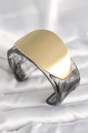 Erb Siyah Mermer Desen Akrilik Plastik Gold Oval Plaka Model Vintage Kadın Bilezik