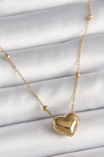 Erb 316L Çelik Gold Renk Topçuk Detaylı Zincir Kalp Model Kadın Kolye