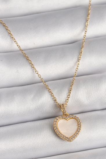 Erb 316L Çelik Gold Renk Zincir Zirkon Taşlı Beyaz Mineli Kalp Model Kadın Kolye