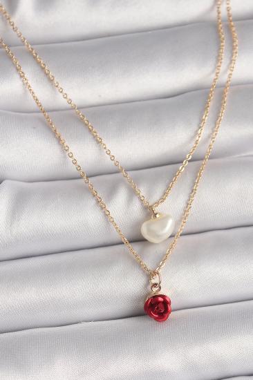 Erb Pirinç Gold Renk 2\\'Li Zincir Model Gül Figür İnci Detay Kadın Kolye