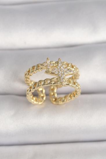 Erb Pirinç Gold Renk 2\\'Li Zincir Zirkon Taşlı Yıldız Figür Kadın Yüzük