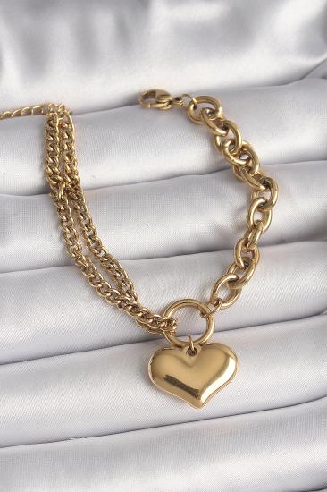 Erb 316L Çelik Gold Renk 2\\'Li Zincir Model Kalp Figür Kadın Bileklik