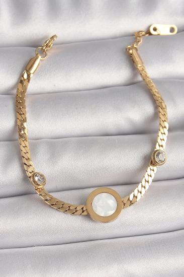 Erb 316L Çelik Gold Renk Yassı Zincir Model Zirkon Taş Detaylı Beyaz Mineli Madalyon Model Kadın Bileklik