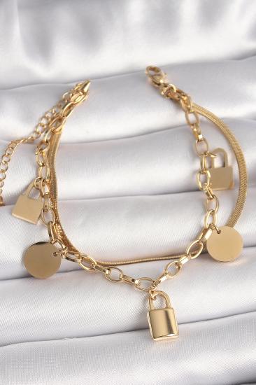 Erb 316L Çelik Gold Renk 2\\'Li İtalyan Zincir Kilit Figür Kadın Bileklik