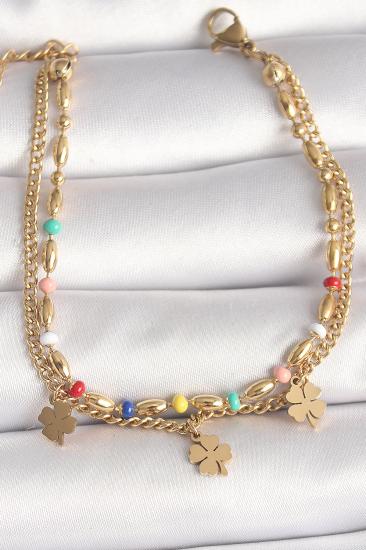 Erb 316L Çelik Gold Renk 2\\'Li Zincir Model Sallantı Yonca Figür Kadın Bileklik