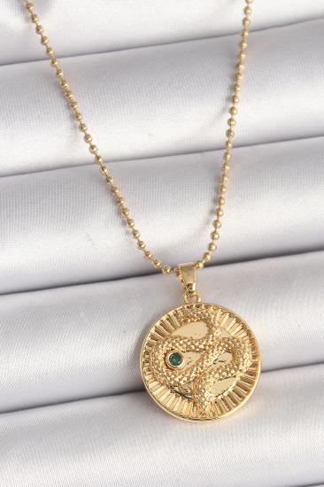 Erb 316L Çelik Gold Renk Topçuk Zincir Yılan İşlemeli Zirkon Taş Detaylı Madalyon Model Kadın Kolye