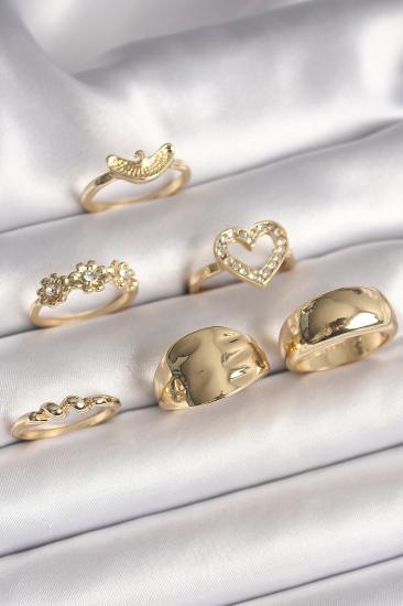Erb Pirinç Gold Renk Zirkon Taşlı Kalp Figür Çiçek Detay 6\\'Lı Kadın Yüzük Seti