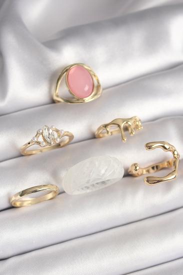 Erb Pirinç Gold Renk Zirkon Taş Detaylı Pembe Mineli 6\\'Lı Kadın Yüzük Seti