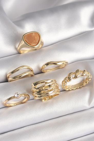 Erb Pirinç Gold Renk Kahverengi Mineli Zirkon Taş Detaylı Sarmal Model 6\\'Lı Kadın Yüzük Seti