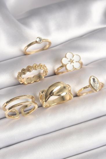 Erb Pirinç Gold Renk Beyaz Çiçek Figür Zirkon Taşlı Kadın 6\\'Lı Kadın Yüzük Seti