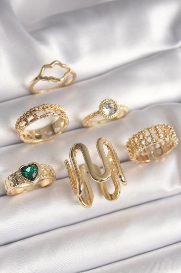 Erb Pirinç Gold Renk Zirkon Taşlı İşleme Plaka Model Yeşil Kalp Detay 6\\'Lı Kadın Yüzük Seti