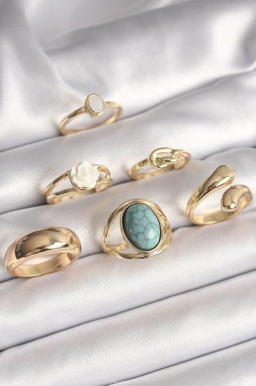 Erb Pirinç Gold Renk Beyaz Gül Figürlü Düğüm Detay 6\\'Lı Kadın Yüzük Seti