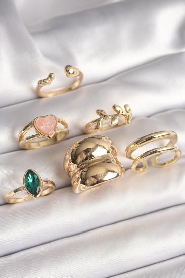 Erb Pirinç Gold Renk Pembe Mineli Kalp Figür Yeşil Zirkon Taşlı 6\\'Lı Kadın Yüzük Seti