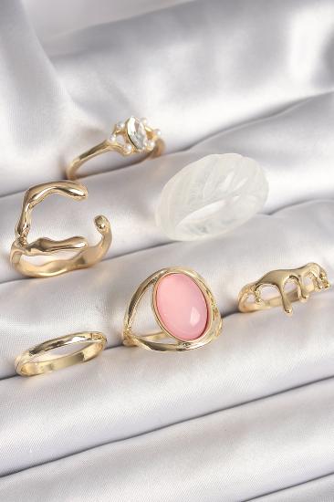 Erb Pirinç Gold Renk Zirkonlı Oval Pembe Mineli 6\\'Lı Kadın Yüzük Seti