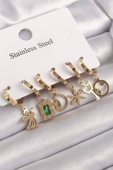 Erb 316L Çelik Gold Renk Sallantı Çoklu Figür Model Zirkon Taş Detaylı Kadın Küpe Seti