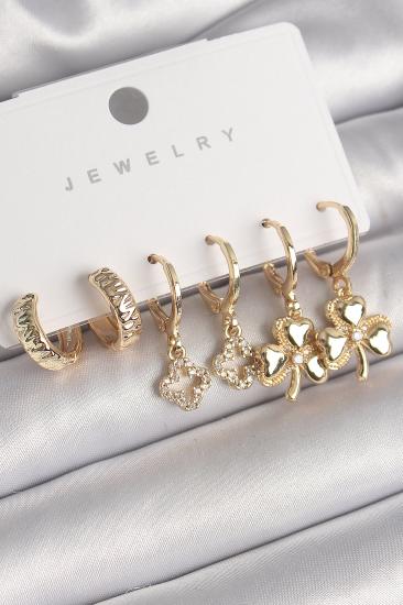 Erb Pirinç Gold Renk Sallantı Zirkon Taşlı Yonca Model Kadın Küpe Seti