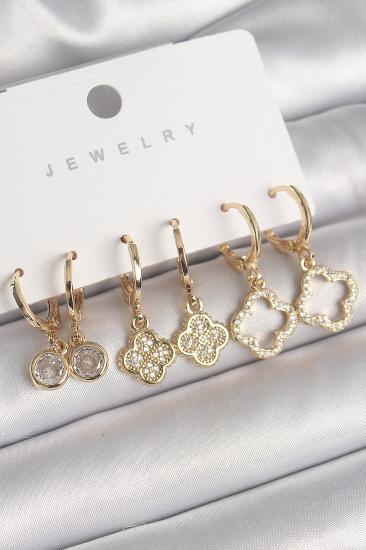 Erb Pirinç Gold Renk Sallantı Zirkon Taşlı Yonca Model Kadın Küpe Seti