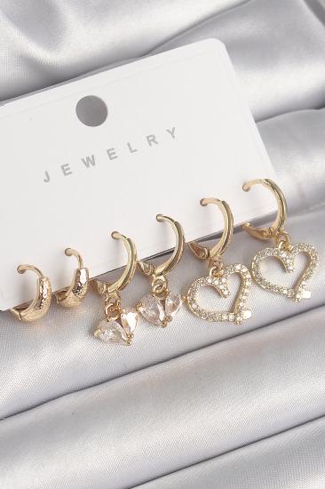 Erb Pirinç Gold Renk Sallantı Zirkon Taşlı Kalp Model Halka Detay Kadın Küpe Seti