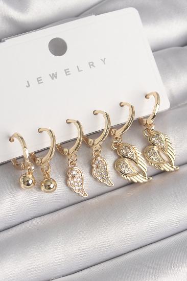 Erb Pirinç Gold Renk Sallantı Zirkon Taşlı Kanat Model Topçuk Detay Kadın Küpe Seti