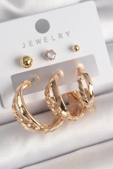 Erb Pirinç Gold Renk 3\\'Lü Halka Model Zirkon Taş Topçuk Model Kadın Küpe Seti