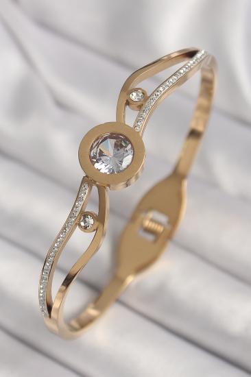 Erb 316L Çelik Gold Renk Dalgalı Zirkon Taşlı Kadın Kelepçe