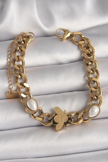 Erb 316L Çelik Gold Renk Kalın Zincir Model Arı Figür Damla İnci Detay Kadın Bileklik