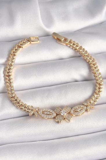 Erb Pirinç Gold Renk Zirkon Taşlı Çiçek Figür Arpa Zincir Model Kadın Bileklik