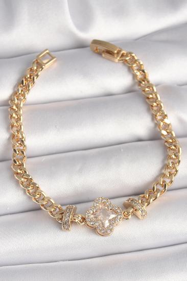 Erb Pirinç Gold Renk Zirkon Taşlı Yonca Figür Zincir Model Kadın Bileklik