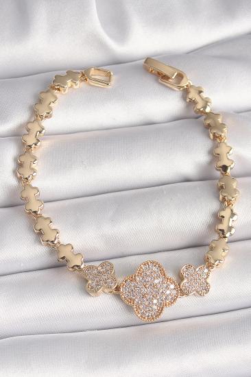 Erb Pirinç Gold Renk Zirkon Taşlı Yonca Model Zincir Kadın Bileklik