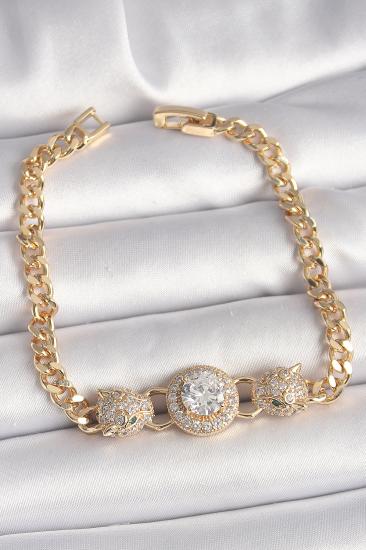Erb Pirinç Gold Renk Zirkon Taşlı Leopar Figür Zincir Model Kadın Bileklik