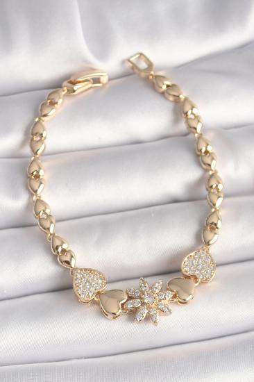 Erb Pirinç Gold Renk Zirkon Taşlı Çiçek Figür Kalp Zincir Model Kadın Bileklik