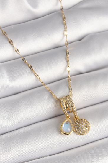Erb 316L Çelik Gold Renk Zincir Zirkon Taşlı Sallantı Mavi Sedefli Damla Figür Kadın Kolye