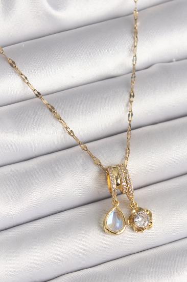 Erb 316L Çelik Gold Renk Zincir Sallantı Zirkon Taşlı Çiçek Figür Mavi Sedefli Damla Detay Kadın Kolye