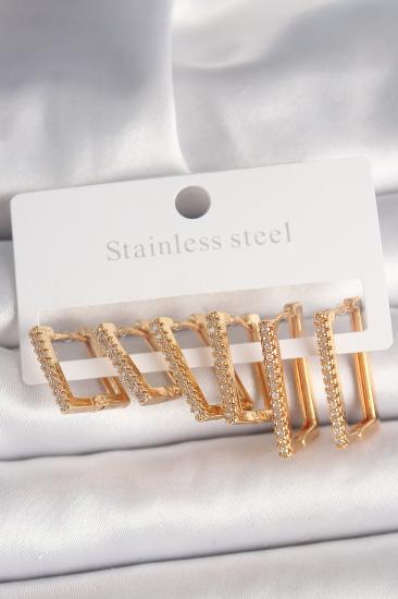 Erb Pirinç Gold Renk Zirkon Taşlı 3 Çift Kare Model Kadın Küpe