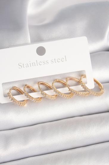 Erb Pirinç Gold Renk Zirkon Taşlı 3 Çift Halka Model Kadın Küpe