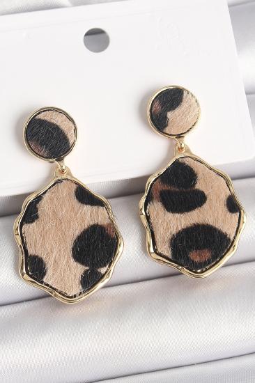 Erb Pirinç Gold Renk Sallantı Leopar Desen Plaka Model Kadın Küpe