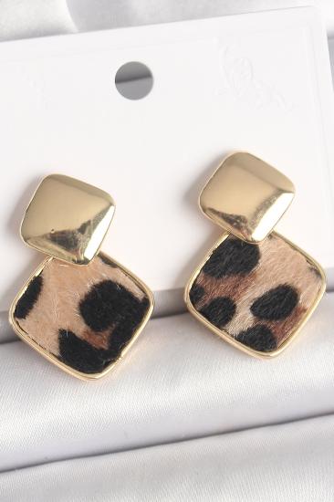 Erb Pirinç Gold Renk Sallant Kare Leopar Desen Model Kadın Küpe