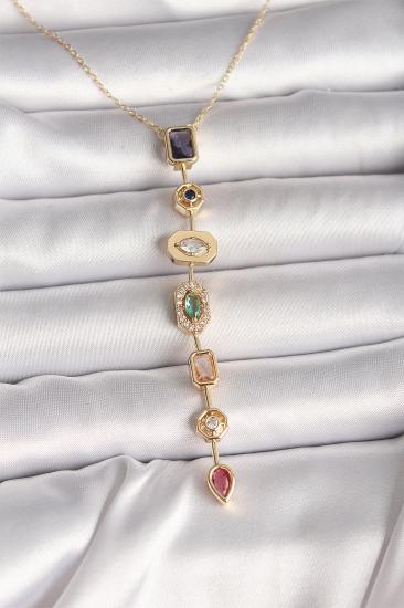 Erb Pirinç Gold Renk Zirkon Taşlı Baget Dekolte Model Kadın Kolye