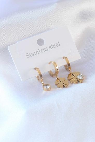 Erb 316L Çelik Gold Renk Yonca Model Zirkon Taşlı Kadın Küpe