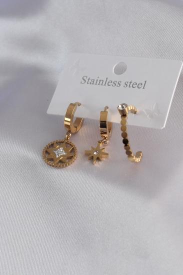 Erb 316L Çelik Gold Renk Kutup Yıldızı Model Zirkon Taşlı Kadın Küpe Kombini