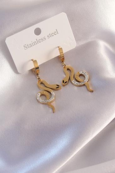 Erb Çelik Gold Renk Yılan Figür Zirkon Taşlı Kadın Küpe