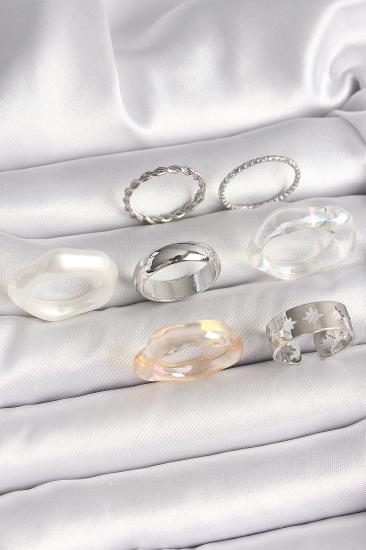 Erb Pirinç Gümüş Renk Beyaz Akrilik Plastik Model Kutup Yıldız İşleme Detaylı Kadın Yüzük Kombini