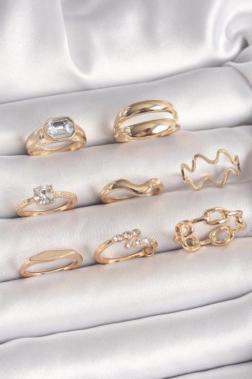 Erb Pirinç Gold Renk Zirkon Taşlı Dalga Model Zincir Detay Kadın Yüzük Kombini