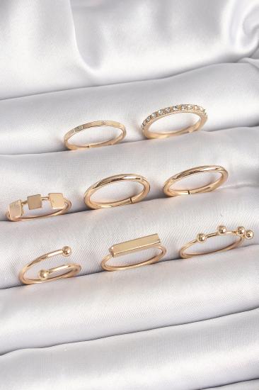 Erb Pirinç Gold Renk Goemetrik Sembol Model Zirkon Taş Detaylı Kadın Yüzük Kombini