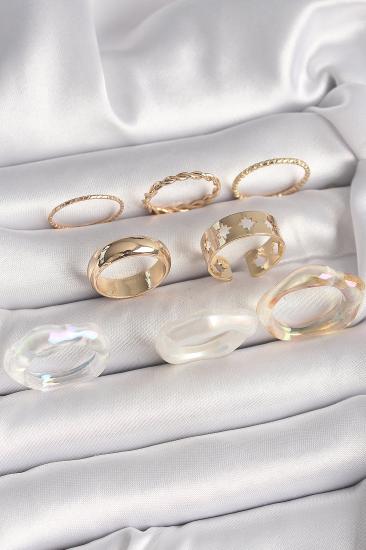 Erb Pirinç Gold Renk Beyaz Akrilik Plastik Modek Kutup Yıldız İşleme Detay Kadın Yüzük Kombini
