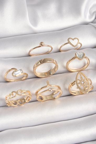 Erb Pirinç Gold Renk Zirkon Taşlı Kalp Model Kutup Yıldız Detay Kadın Yüzük Kombini