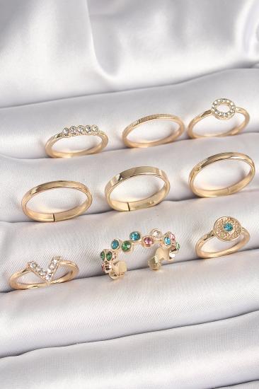 Erb Pirinç Gold Renk Renkli Zirkon Taşlı Kadın Yüzük Kombini
